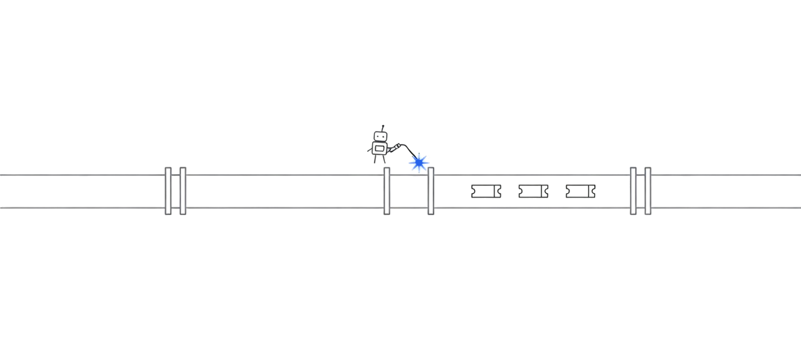 A long horizontal pipeline runs the full width of the drawing, joined at intervals by flanged couplings. A small robot stands on top of it welding a joint back together, the weld flaring cobalt blue. To the right of the repair, three small pull-request tags travel along the pipe.