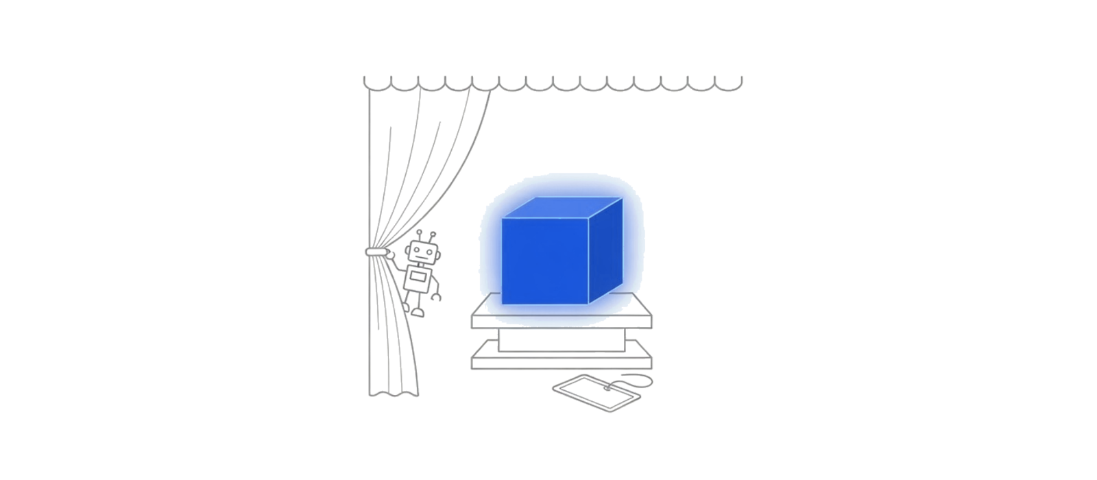 A small robot draws back a stage curtain to reveal a glowing cobalt cube standing on a low plinth. A blank name tag lies on the floor at the base of the plinth.